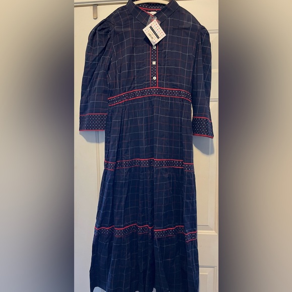 Gretchen Scott - The Damsel Midi Dress- Large - Tattersall Navy -NWT - Picture 1 of 1